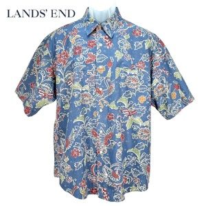 Lands End | Bird & Floral Print Short Sleeve Button Up‎ 100% Cotton | Mens Large